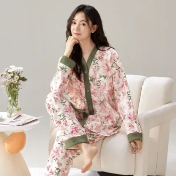 Women's cardigan V-neck suit home clothes  ins style fashion long sleeve trousers sweet