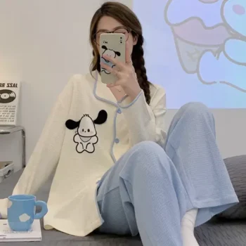 Women Cardigan V-neck  Waffle Long Sleeves Ins Style Cute Women Kimono Home Clothes Set