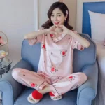 DR407 – Women, ice silk short-sleeved trousers, V-neck suit, loose and cute home clothes (2)