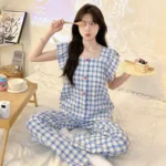 DR410 – Cloud cotton three-piece plaid pajamas for women in casual ladies with chest pad, short-sleeved home clothes (5)