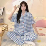DR410 – Cloud cotton three-piece plaid pajamas for women in casual ladies with chest pad, short-sleeved home clothes (5)