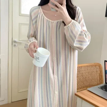 New cotton pajamas for women, princess style in long-sleeved mid-length nightdress, home clothes