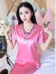 DR412 -Pajama women’s short-sleeved two-piece suit, ladies’ thin ice silk satin style, large size, home clothes webp (6)