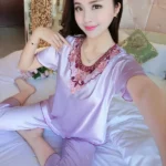 DR412 -Pajama women’s short-sleeved two-piece suit, ladies’ thin ice silk satin style, large size, home clothes webp (6)