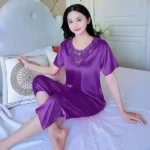 DR412 -Pajama women’s short-sleeved two-piece suit, ladies’ thin ice silk satin style, large size, home clothes webp (6)