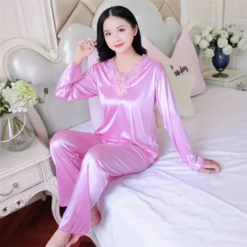 New pajamas for women, large size, thin long sleeves, simulated silk V-neck silk set, home clothes suit, summer
