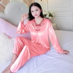 DR413 – New pajamas for women, large size, thin long sleeves, simulated silk V-neck silk set, home clothes suit, summer (1)