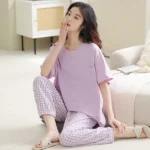 DR415 – Pajama women’s pure cotton cute short-sleeved trousers two-piece suit, large size, home clothes (2)