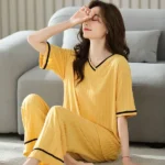 DR415 – Pajama women’s pure cotton cute short-sleeved trousers two-piece suit, large size, home clothes (2)