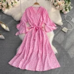 DR131 – V-neck waist slimming elegant long skirt dress (2)