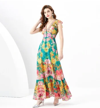 ruffled print elegant long skirt dress