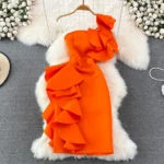 DR133 – one-side sling and ruffled edge slim hip-hugging dress (1)