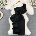DR133 – one-side sling and ruffled edge slim hip-hugging dress (1)