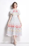DR134 – Women’s, new waist buttoned, catwalk style, fashionable temperament, advanced printed splicing, pleated dress (4)