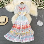 DR134 – Women’s, new waist buttoned, catwalk style, fashionable temperament, advanced printed splicing, pleated dress (4)