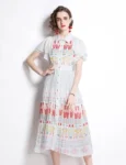 DR134 – Women’s, new waist buttoned, catwalk style, fashionable temperament, advanced printed splicing, pleated dress (4)