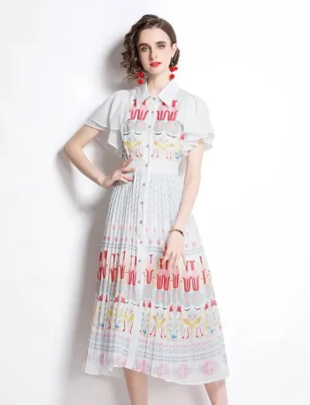 Women's, new waist buttoned, catwalk style, fashionable temperament, advanced printed splicing, pleated dress