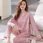 DR417 – pajamas women’s long-sleeved pure cotton cute large size two-piece suit (4)