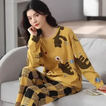 pajamas women's long-sleeved pure cotton cute  large size two-piece suit