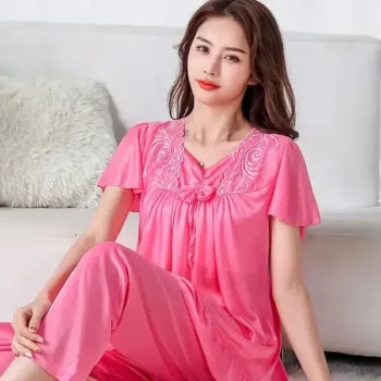 Pajama women’s short-sleeved two-piece suit, ladies’ thin ice silk satin style, large size, home clothes