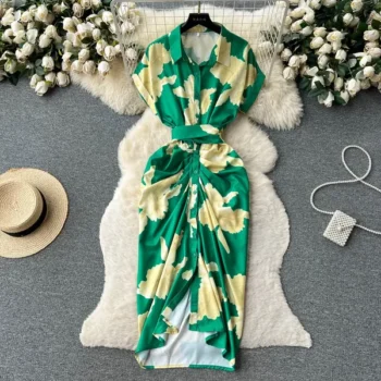 printed pleated lace long skirt dress