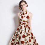 Retro printed V-neck lace-up skirt dress