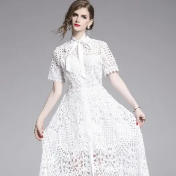 French retro hollow lace short-sleeved dress