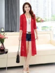 DR107 – Women’s Medium Length Hollow Lace Cardigan Thin Beach Sun Protection Clothing Outerwear (5)