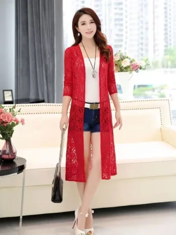 Women's Medium Length Hollow Lace Cardigan