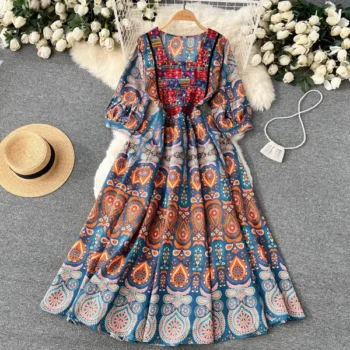 Printed embroidery long skirt dress